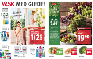 Bilde av reklameblad med vaskemidler, frukt og grønnsaker.